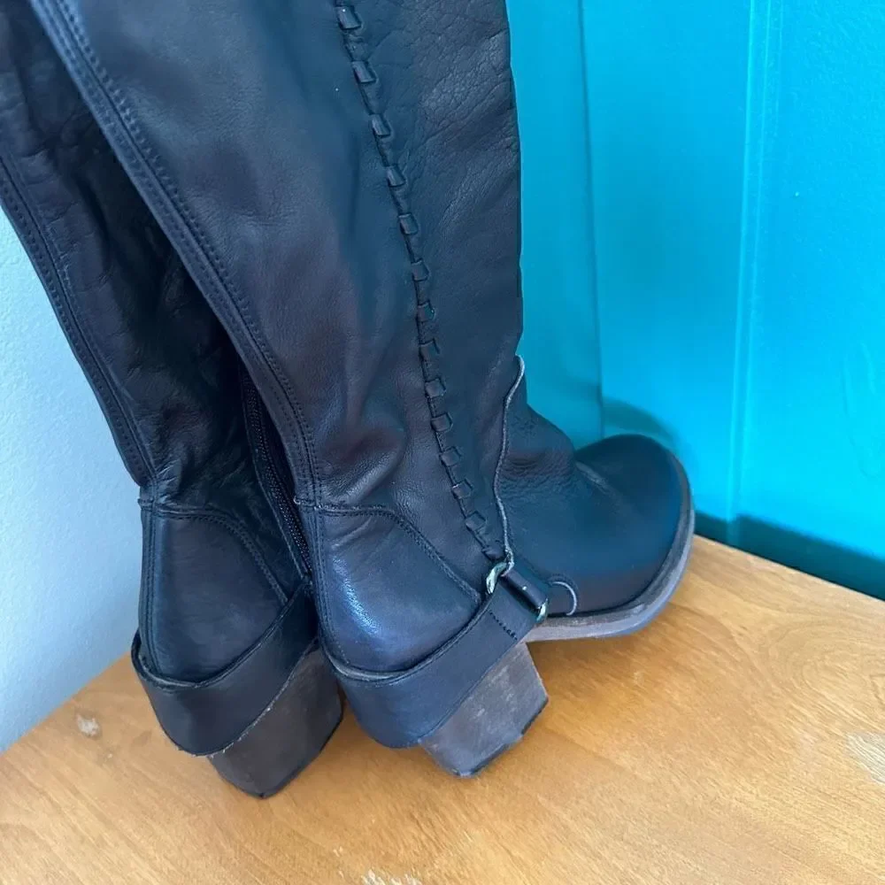 Free People Women’s Auburn Black Leather Over The Knee Whipstitch Detail Boot